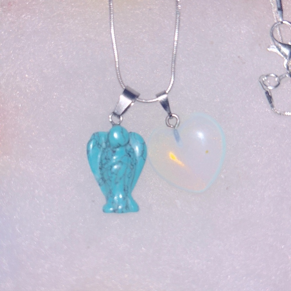 Boho hippie Turquoise and Opal heart Crystal Angel Sterling Silver Necklace 16”